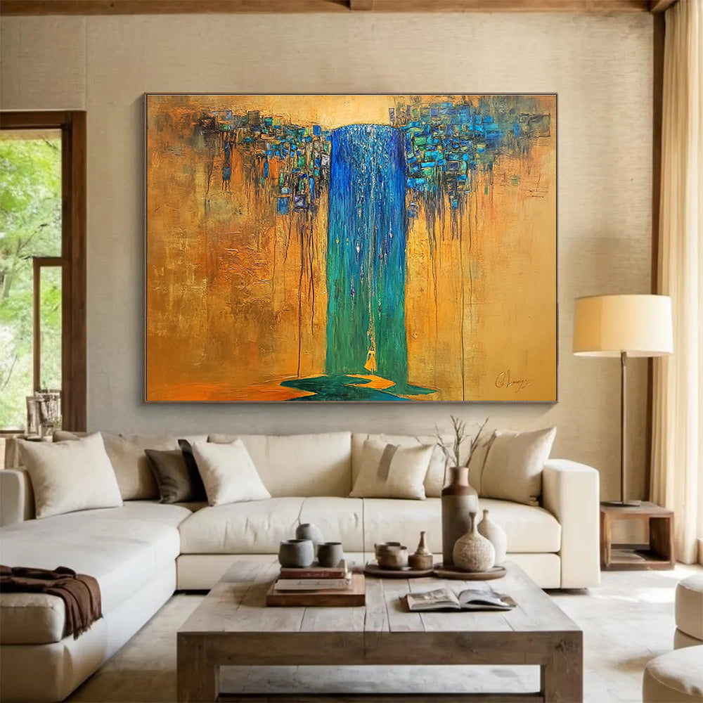 A large abstract painting featuring an ancient waterfall in blue and green hues with a crystal-haired figure under gold sunlight.SC334