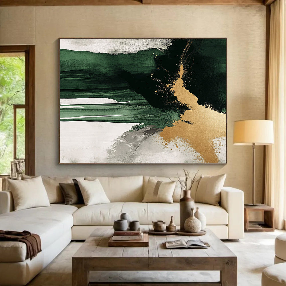 Green Gold Gray and White Abstract Painting with Dramatic Drips GER634