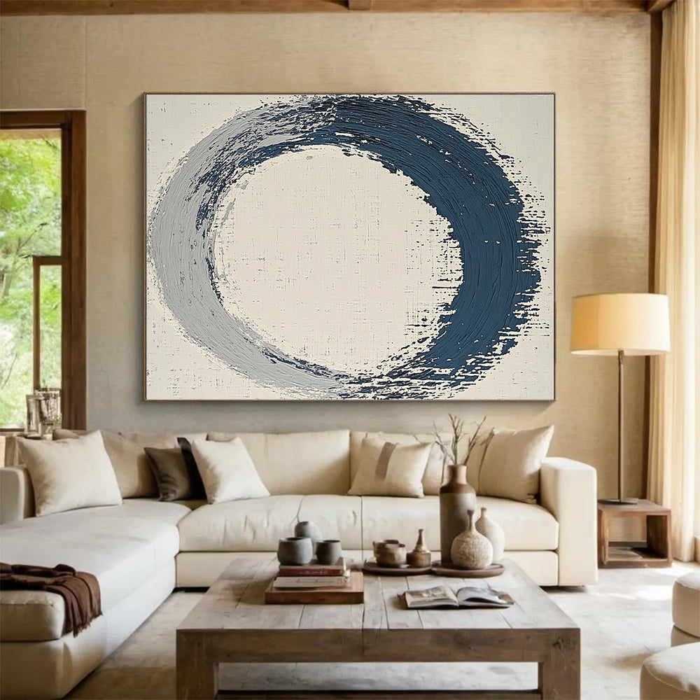 Blue and Gray Circular Abstract Painting with Textured Ring GER125