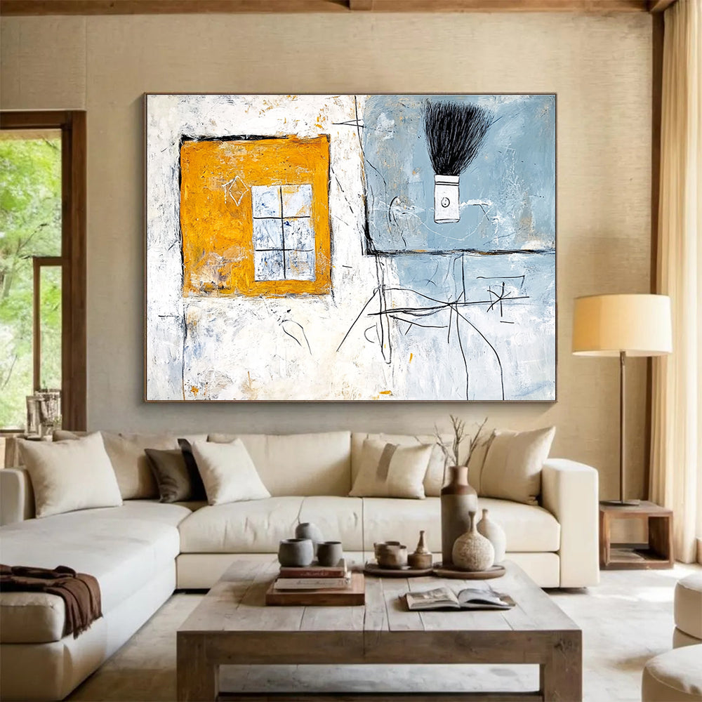 Window and Brush Abstract Painting with Yellow Blue and White Tones DYP340