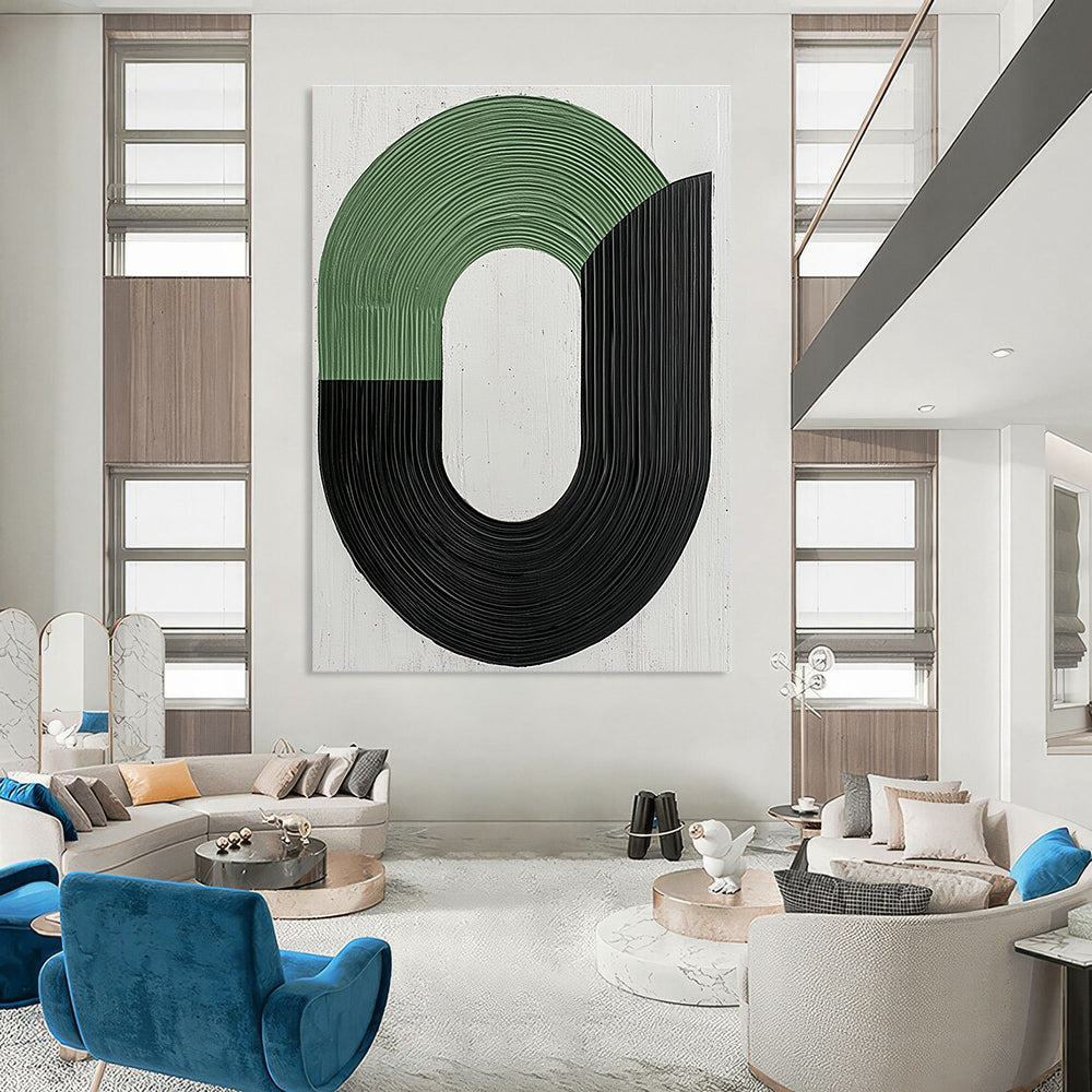 Large abstract painting featuring elegant black and green curved lines on a pure white background conveying calmness and movement ideal for wall decoration.STSC1141