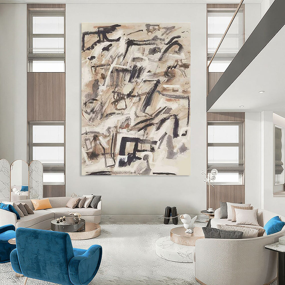 Dynamic Black and Beige Abstract Painting with Energetic Brushstrokes ADGE143