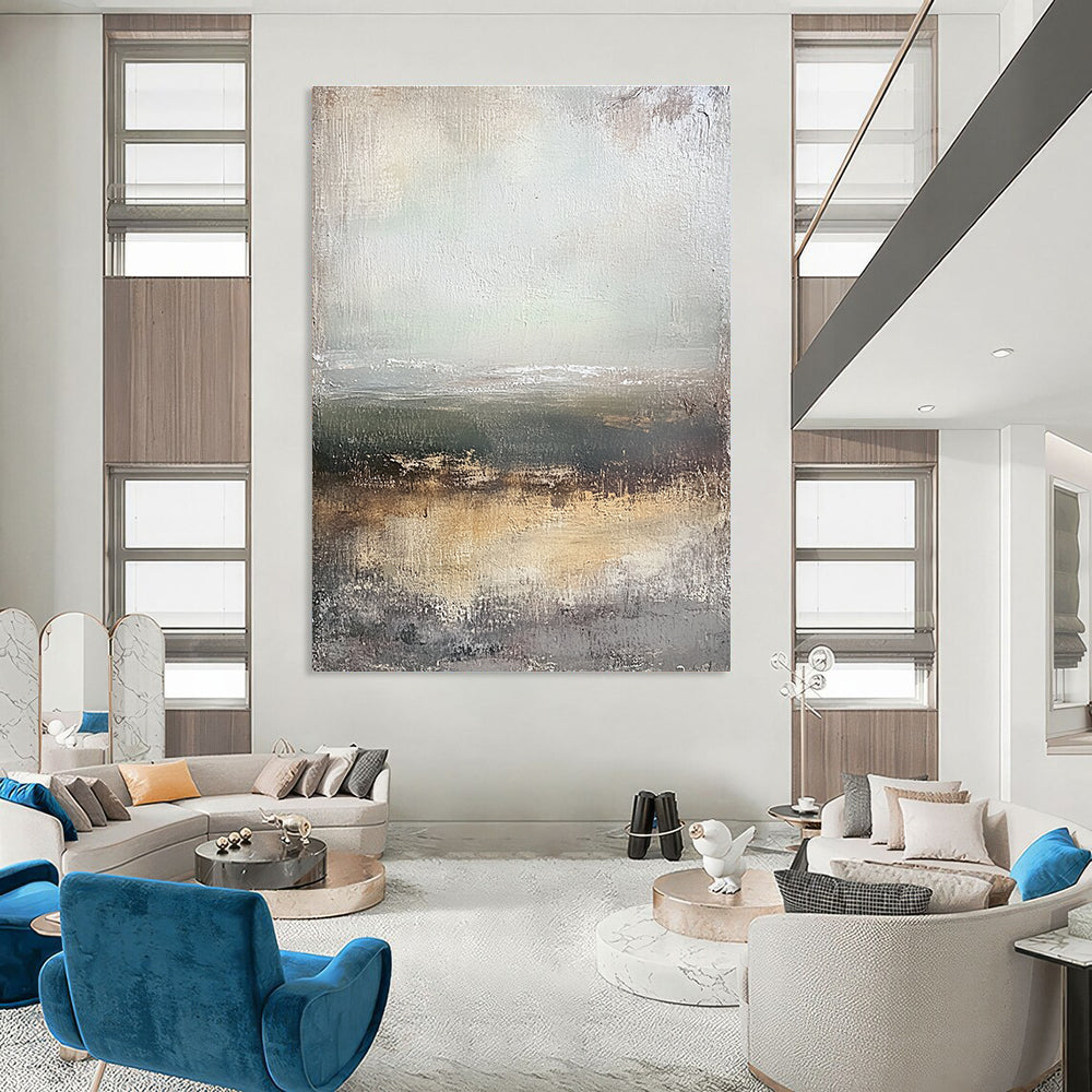 Large abstract painting depicting a coastal landscape with muted tones and vintage texture in a neutral color palette.STSC305