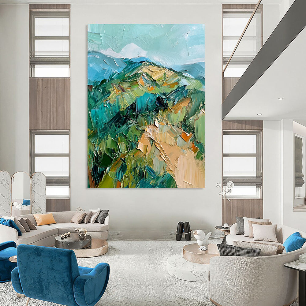 Large abstract oil painting featuring green and blue hills with thick impasto brush strokes for a vibrant artistic statement.STSC187