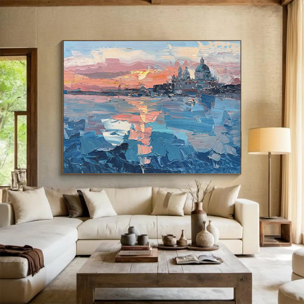 Pink Orange Blue Venice Sunset Abstract Painting THY460