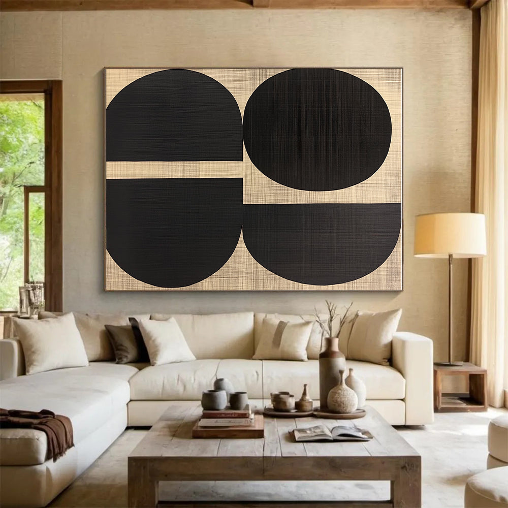 Black Oval Shapes Abstract Art on Textured Beige GER242