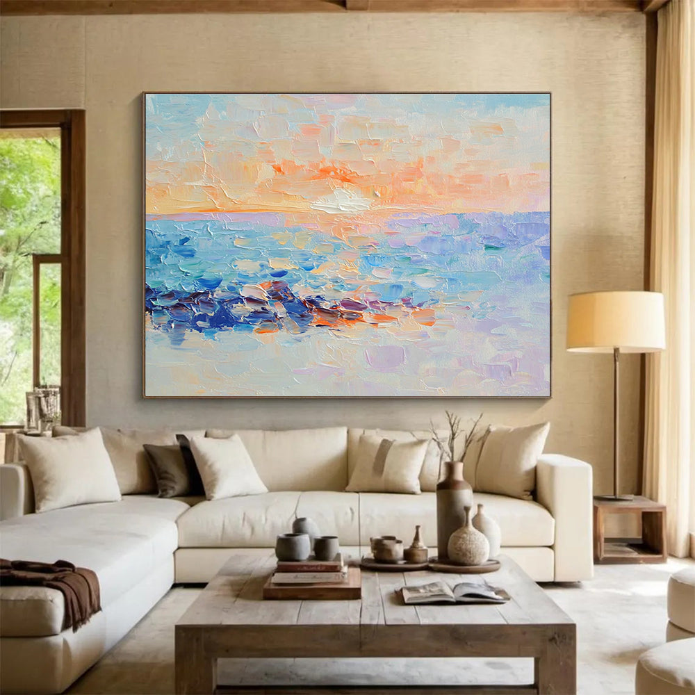 Large abstract oil painting capturing an ocean sunset with pastel colors reflecting light blue and purple hues beneath the water's surface.SC107