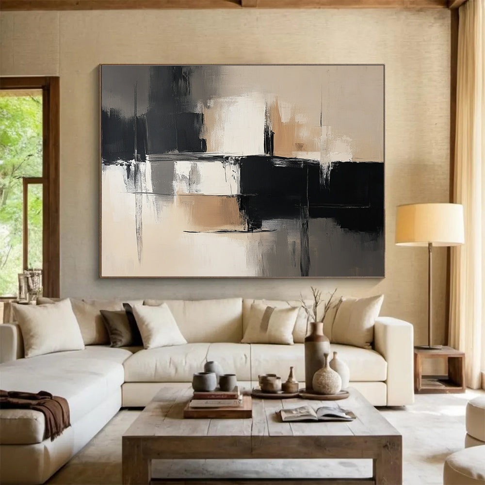 Abstract painting in black and white tones with beige accents showcasing simple lines, brushstrokes, and textured layers for harmonious light and shadow contrast.SC229