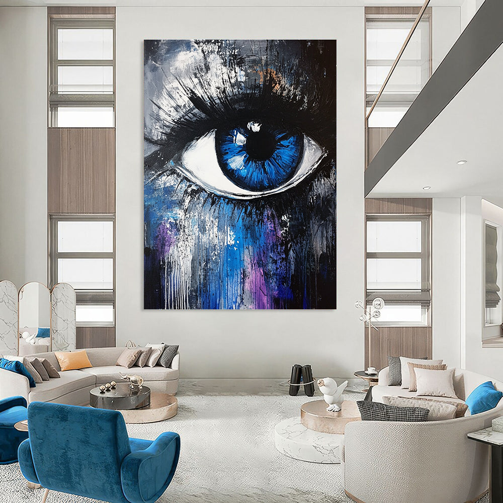 Large abstract painting featuring a blue and white iris with expressive brush strokes and a dark gray background accented by blue and purple.STSC647