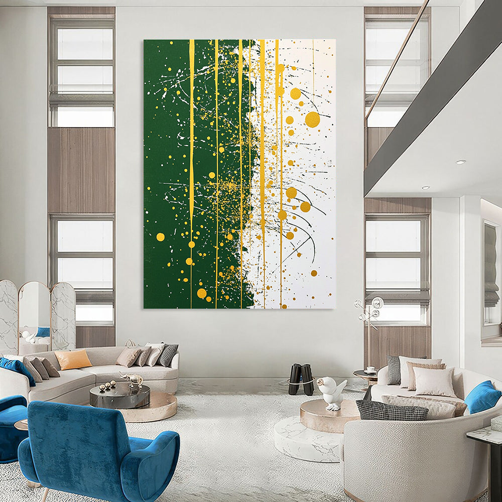 Large abstract painting featuring green and white with golden details and line art offering a balanced and symmetrical composition.STSC1172