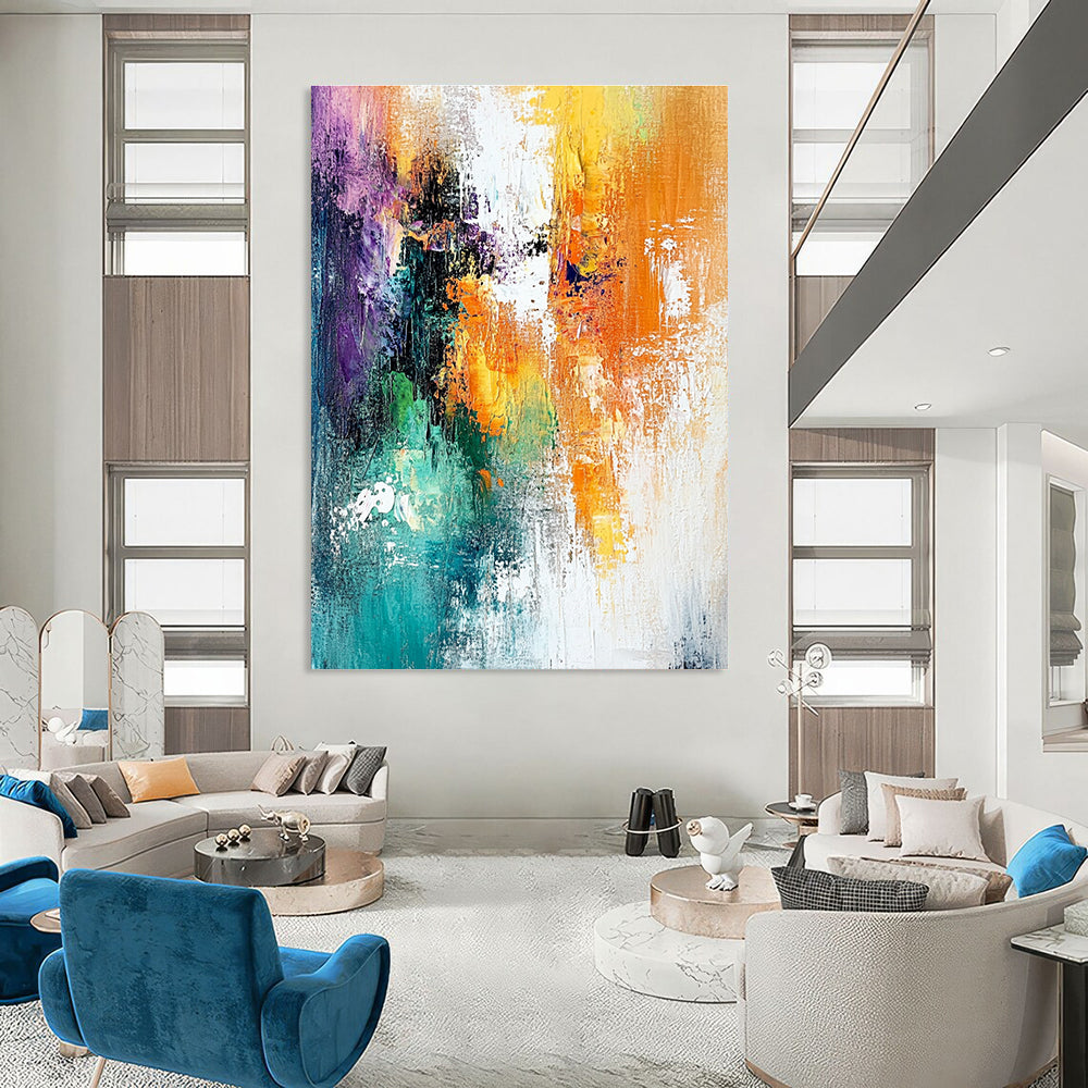 Large abstract painting featuring dreamy hues of white orange and teal with textured brushstrokes and a layered mixed media composition.STSC417