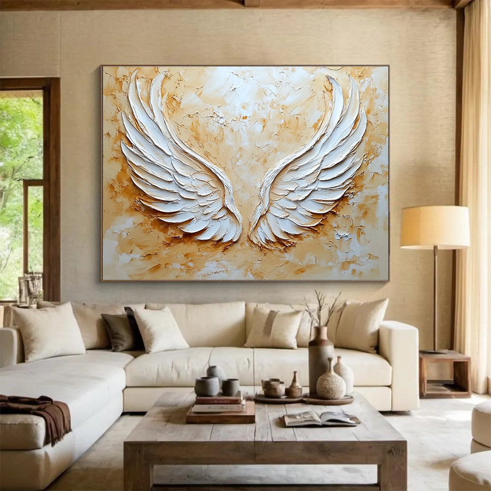 Textured Angel Wings Abstract Painting with Gold and White DYP165