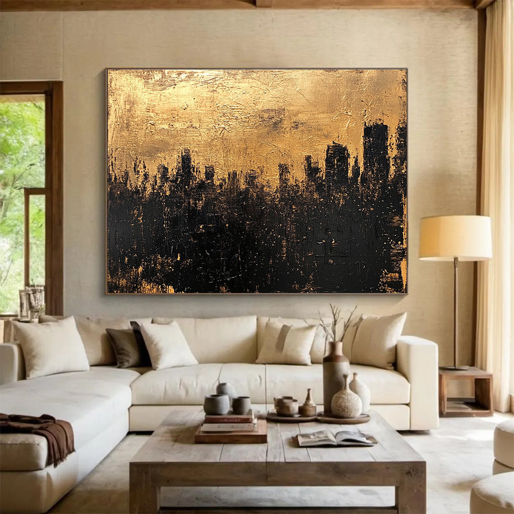 Gold and Black Cityscape Abstract Painting with Textured Layers DYP302