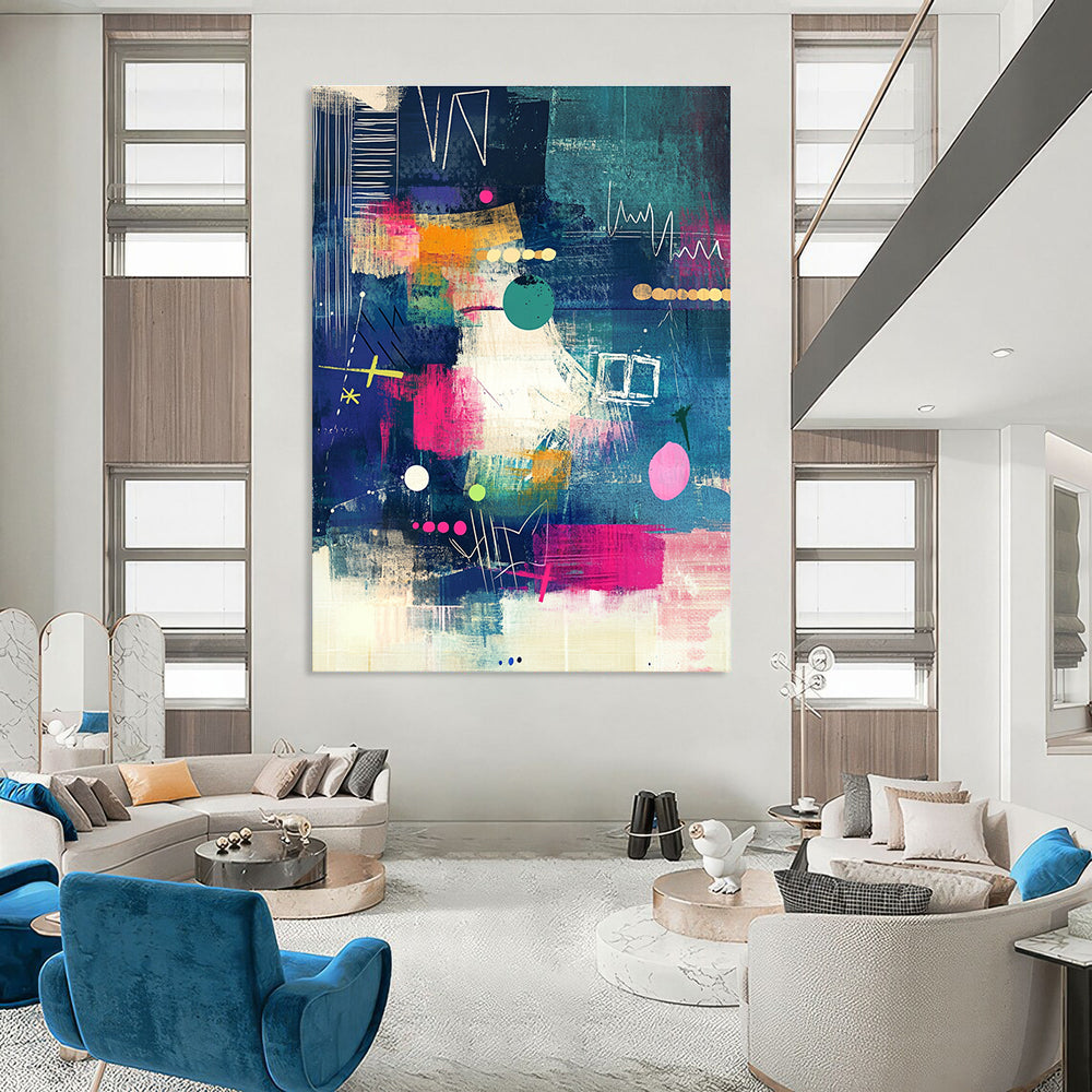 Abstract Art Featuring Playful Patterns and Textures in Blue Pink Green Yellow and Black Ideal for Modern Stationery and Wall Art.STSC966