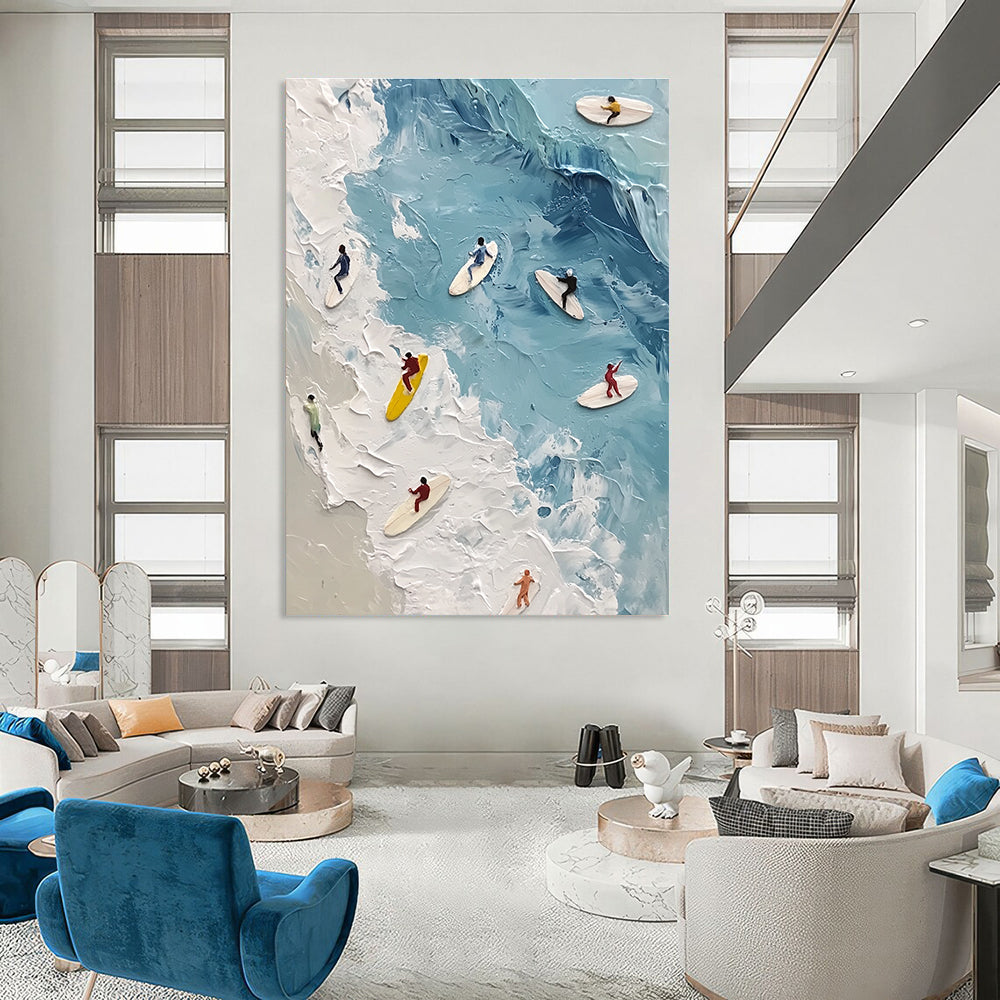 Large abstract painting of surfers on soft blue waves with a wet oil effect featuring soft colors and subtle figures floating in the water.STSC1436