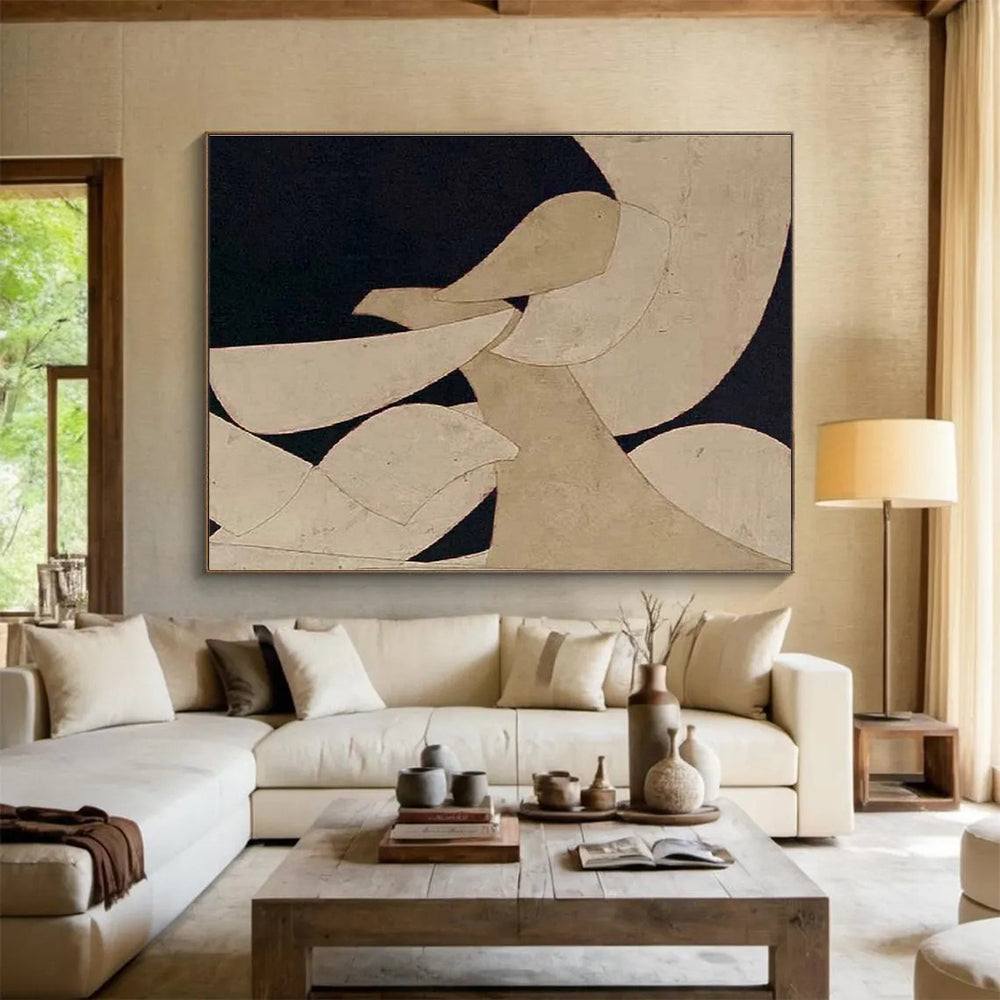 Minimalist Geometric Abstract Painting with Neutral Shapes and Dark Background THY249