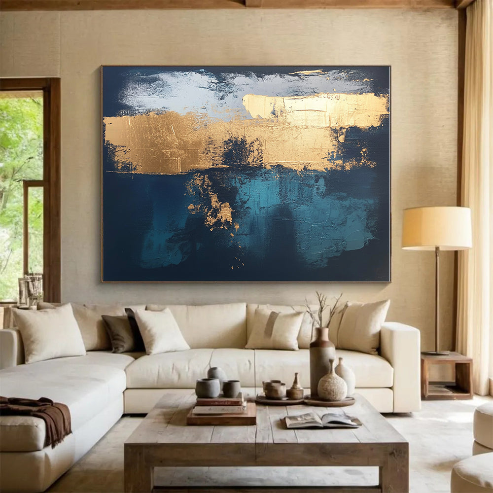 Dark Blue and Gold Abstract Painting with Bold Textures GER372