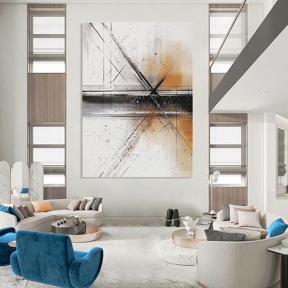 Large abstract painting with fluid lines and shapes in light gray dark beige and subtle amber tones featuring ink washes and soft atmospheric effects.STSC321
