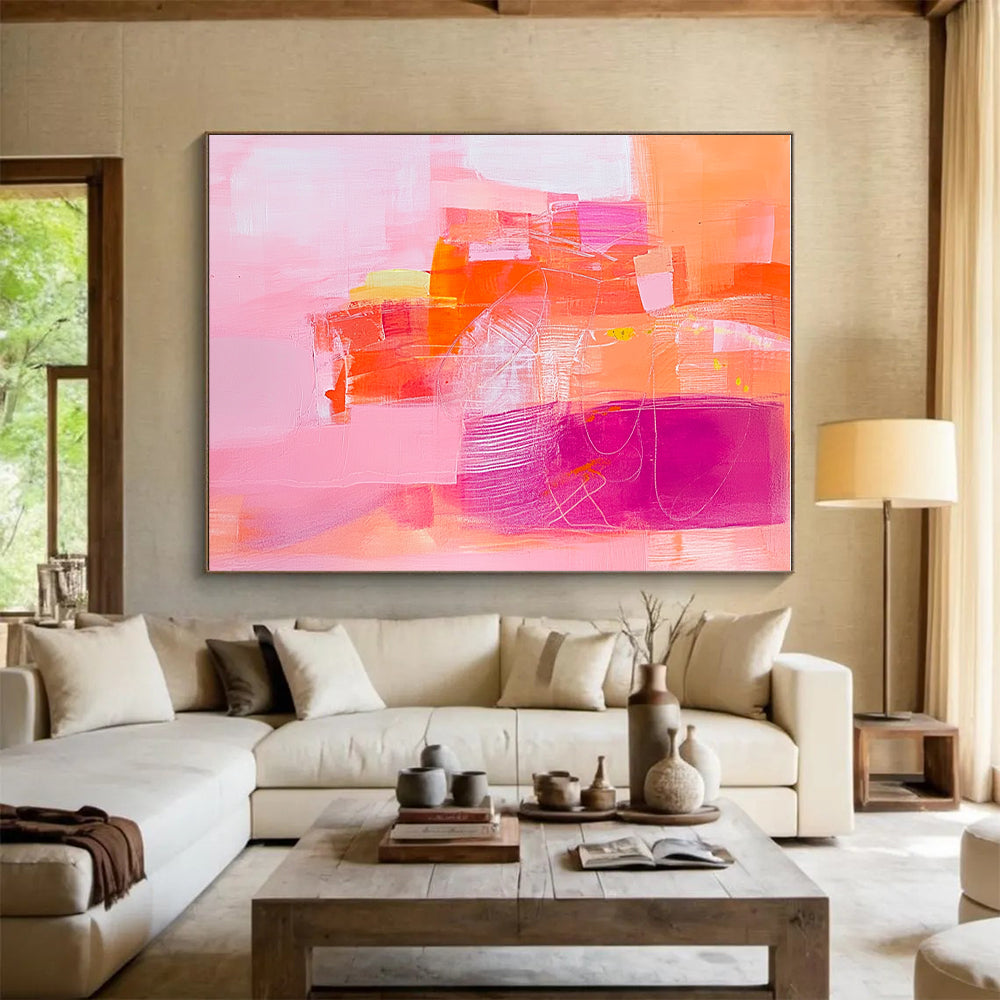 Vibrant Pink and Orange Abstract Painting with Dynamic Shapes GER254