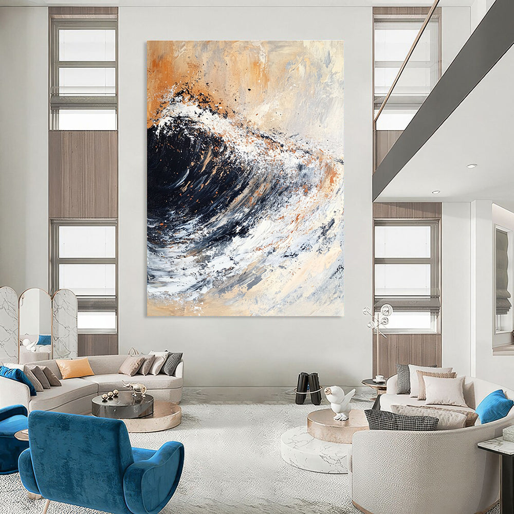 Large abstract painting featuring textured brush strokes of black and white with rusty orange and brown accents.STSC140