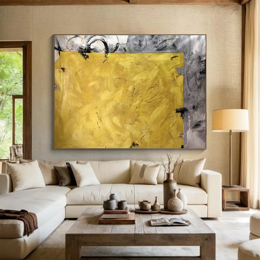 Bold Yellow Abstract Painting with Grey Accents THY153