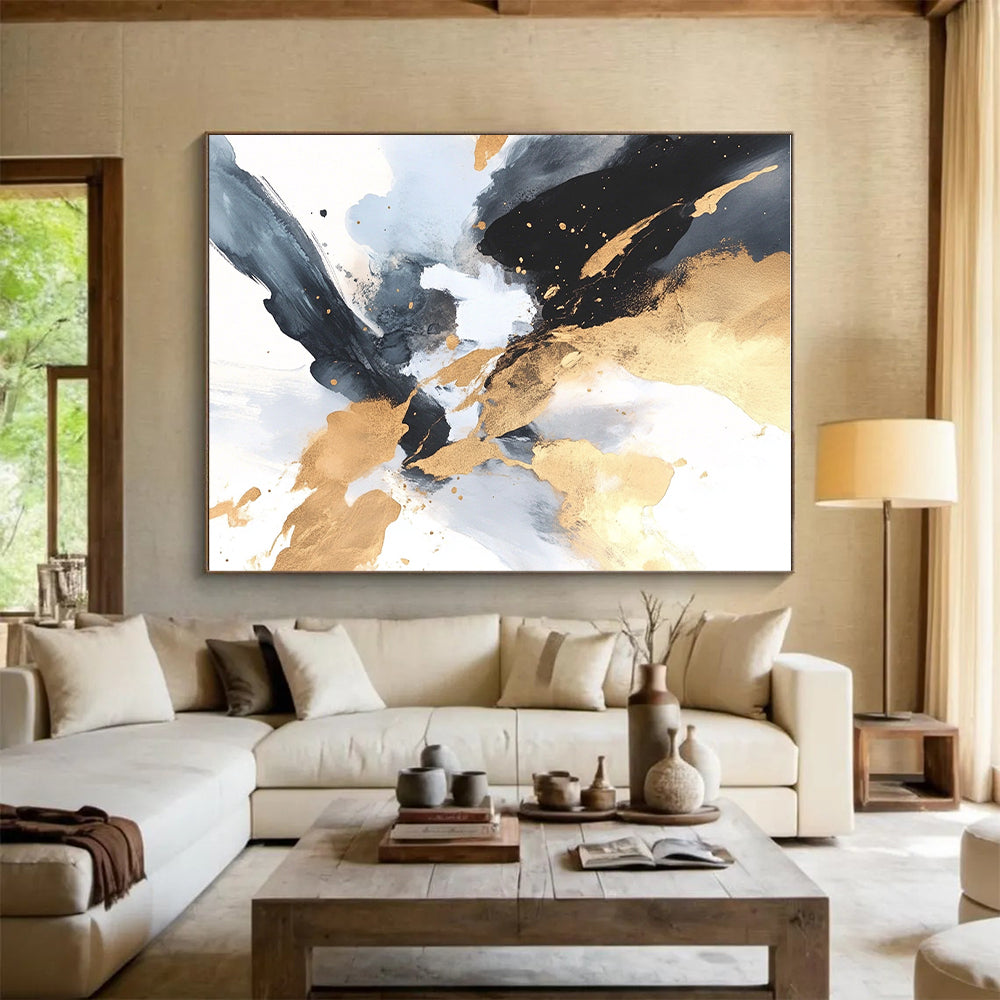Gold Black Abstract Painting with Elegant Splashes GER736