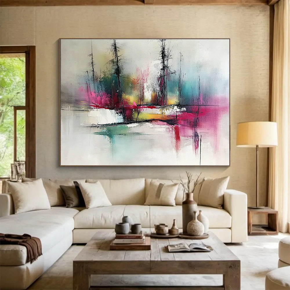 Colorful Forest Reflection Abstract Painting with Vibrant Trees and Water DYP249