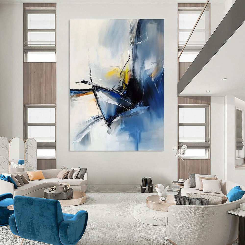 An abstract painting capturing a close-up of a luxury sailboat's bow and figurehead in foggy weather using white blue black grey and yellow.STSC645