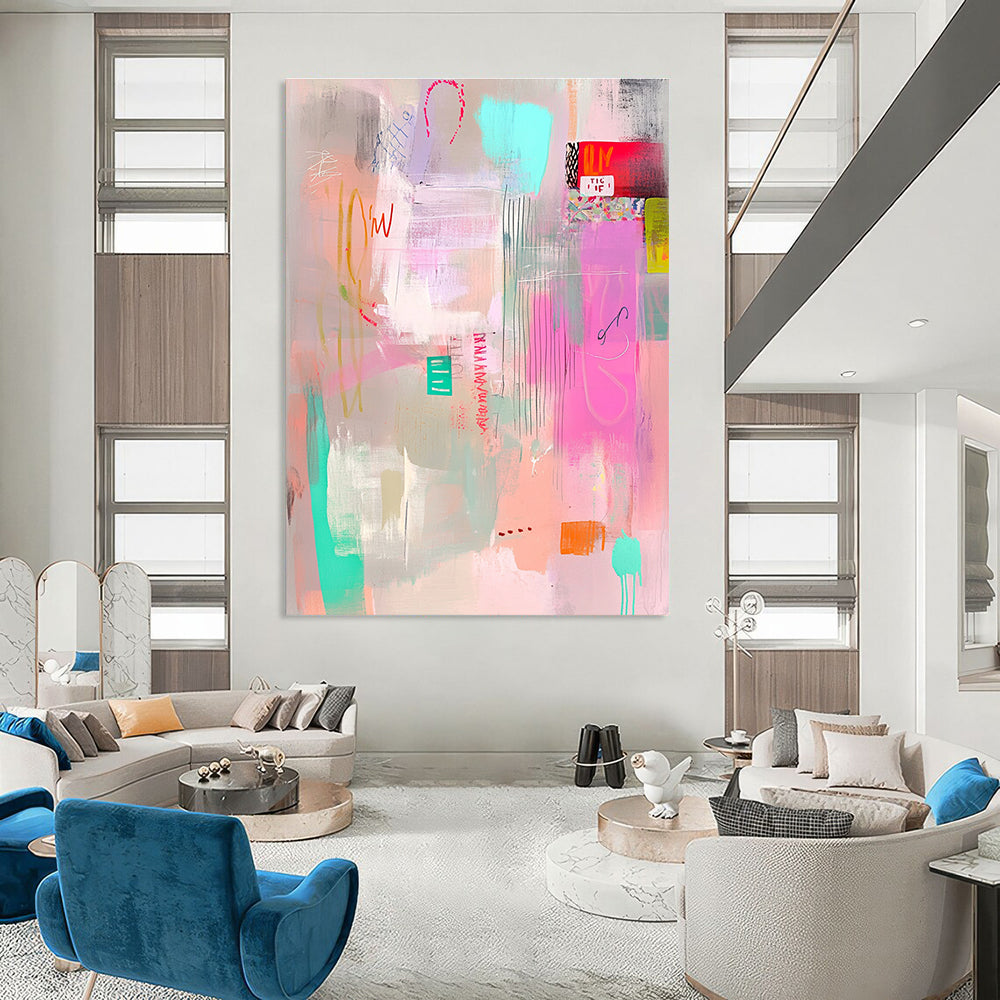 Large abstract painting in pastel pink aqua and lime green tones with soft brushstrokes layered with transparent elements and playful text.STSC1023