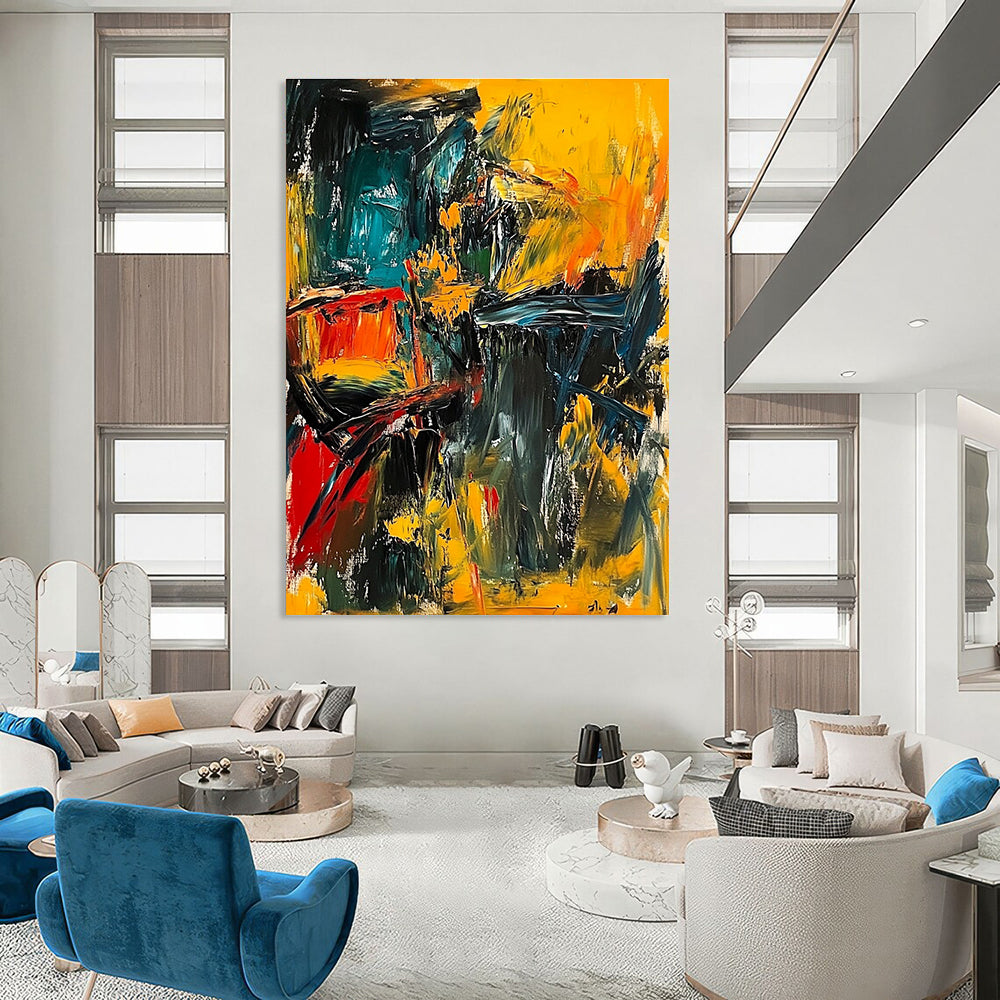 Large abstract painting depicting a dynamic war scene with bold strokes and vibrant colors conveying chaos and fear.STSC553