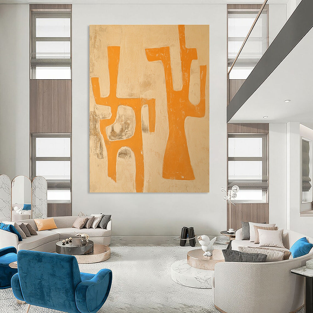 Large abstract painting featuring an animal in light orange and beige tones with primitive figures capturing Jean-Paul Riopelle's unique style.STSC1109