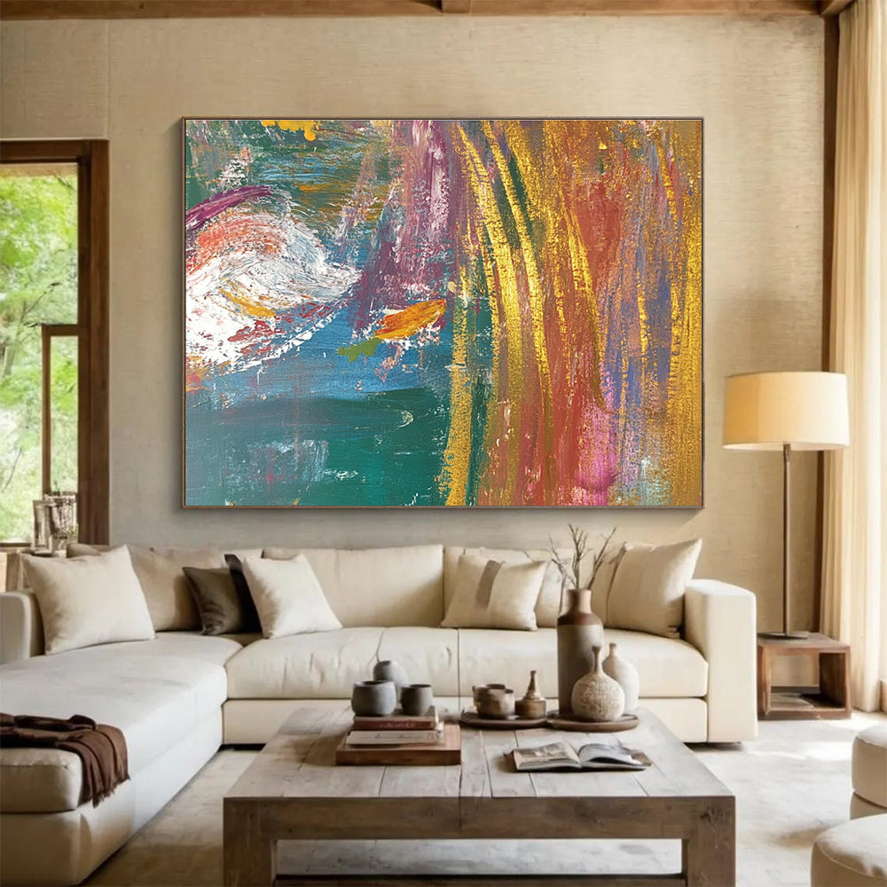 Large abstract painting with layered textures and vibrant colors featuring two fish in motion within a dynamic background.SC442