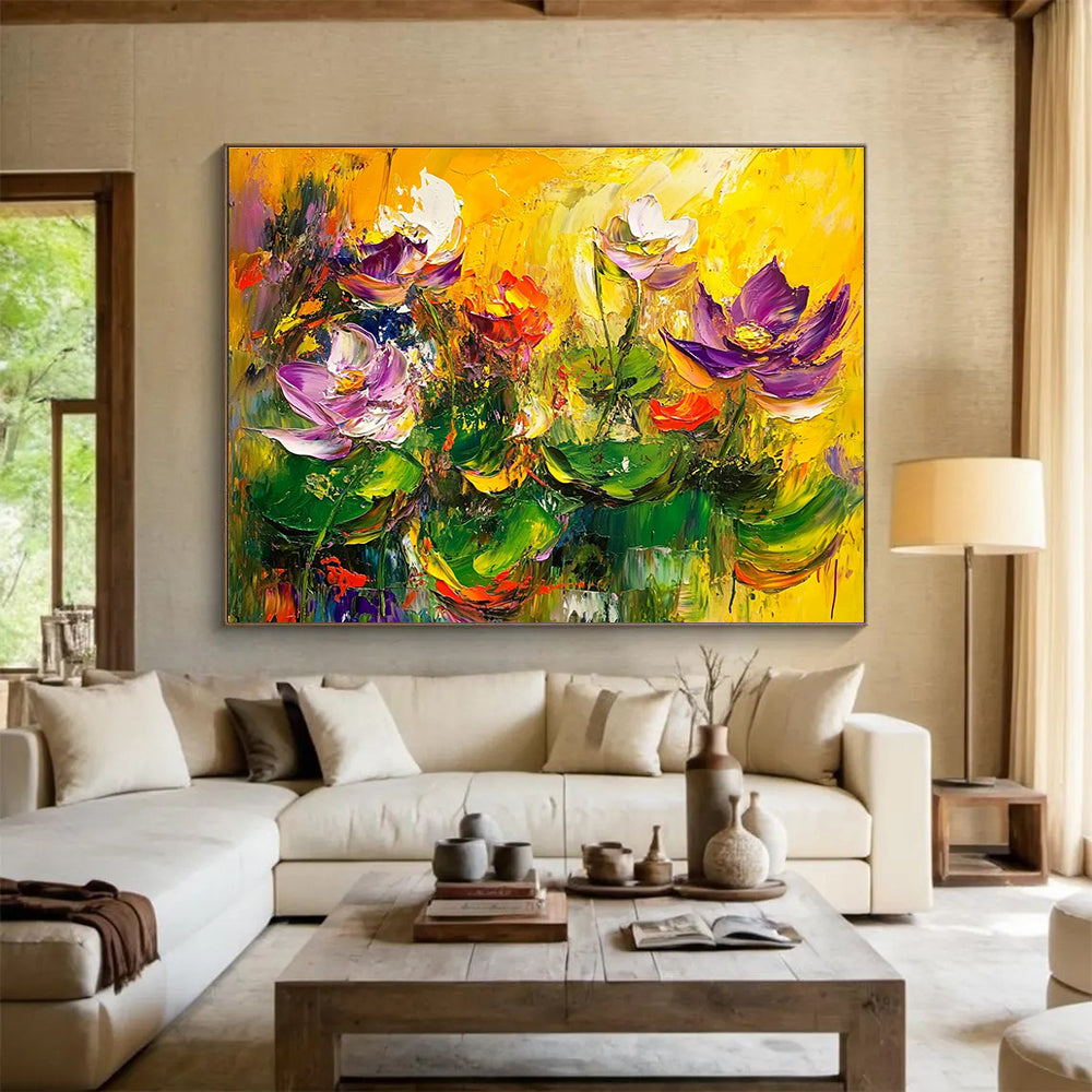 Large abstract painting featuring lotus flowers in green and purple on a yellow background with thick brush strokes and vibrant colors.SC195