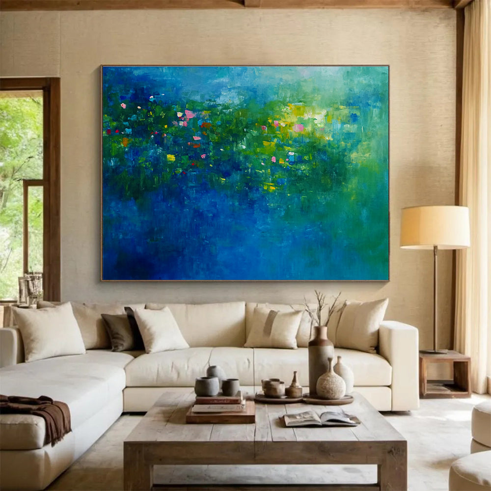 An abstract painting of an underwater garden with vibrant blues and greens featuring aquatic plants and small fish creates serene nature's dance.SC339