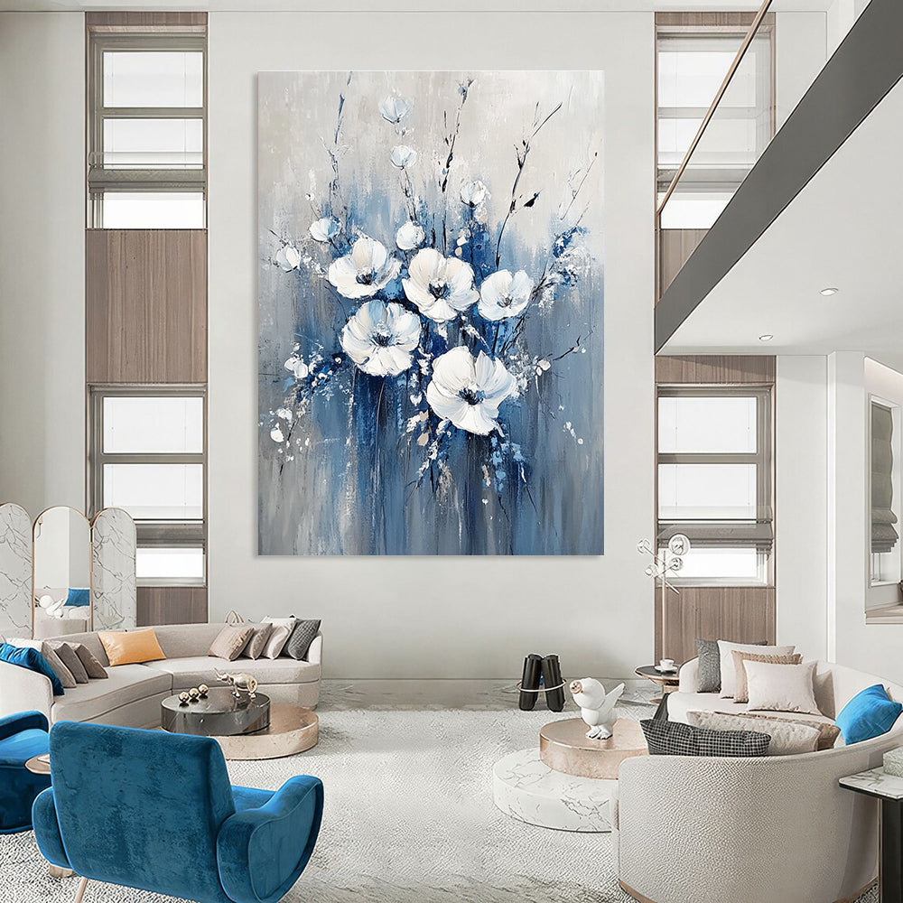 Large Abstract Blue and White Flowers Painting featuring soft gray background white flowers and light blue accents for a serene decor atmosphere.STSC035