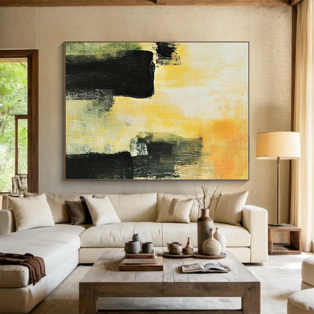 Yellow and Black Abstract Painting with Bold Forms GER433