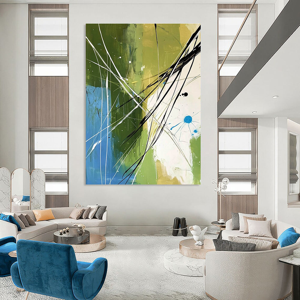 Large abstract painting featuring organic lines and shapes in green blue and white with black elements creating depth and movement for modern decor.STSC320