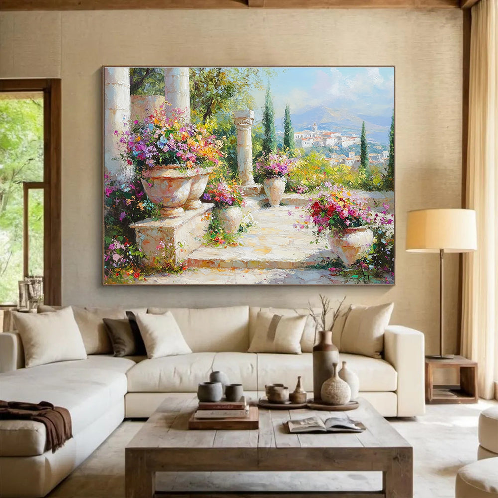 A large abstract painting featuring a vibrant garden with flowers, ancient Greek city background, and soft pastel colors in a hyper-realistic style.SC467