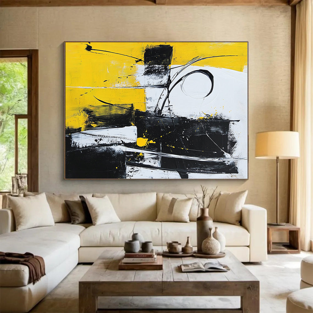 Yellow Black and White Abstract Painting with Dynamic Strokes GER511