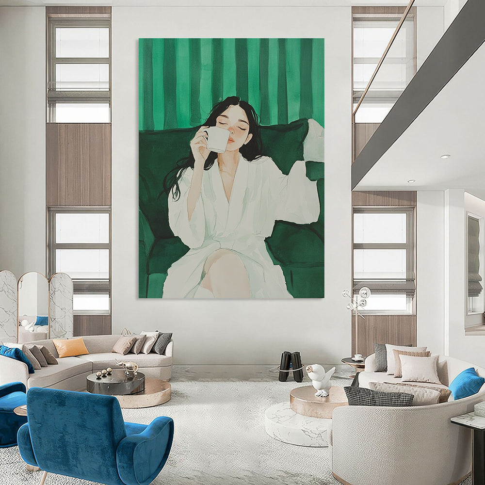 A large abstract painting featuring a girl in a white robe enjoying coffee on a sofa against a green striped background with minimalist design.STSC1002
