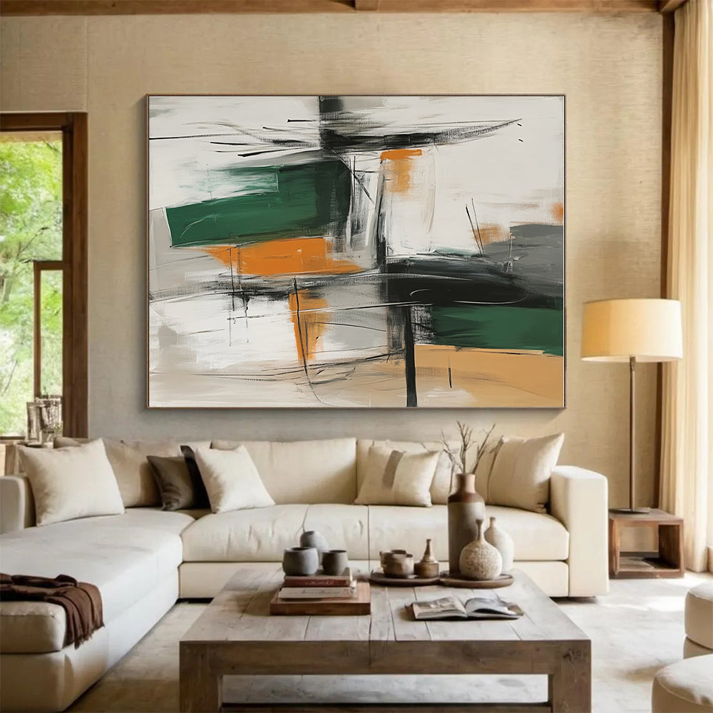 Green Orange Abstract Painting with Intersecting Lines GER817