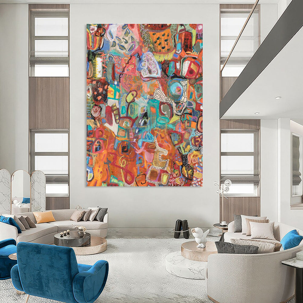 Colorful Collage - style Abstract Painting with Orange Base ADGE291