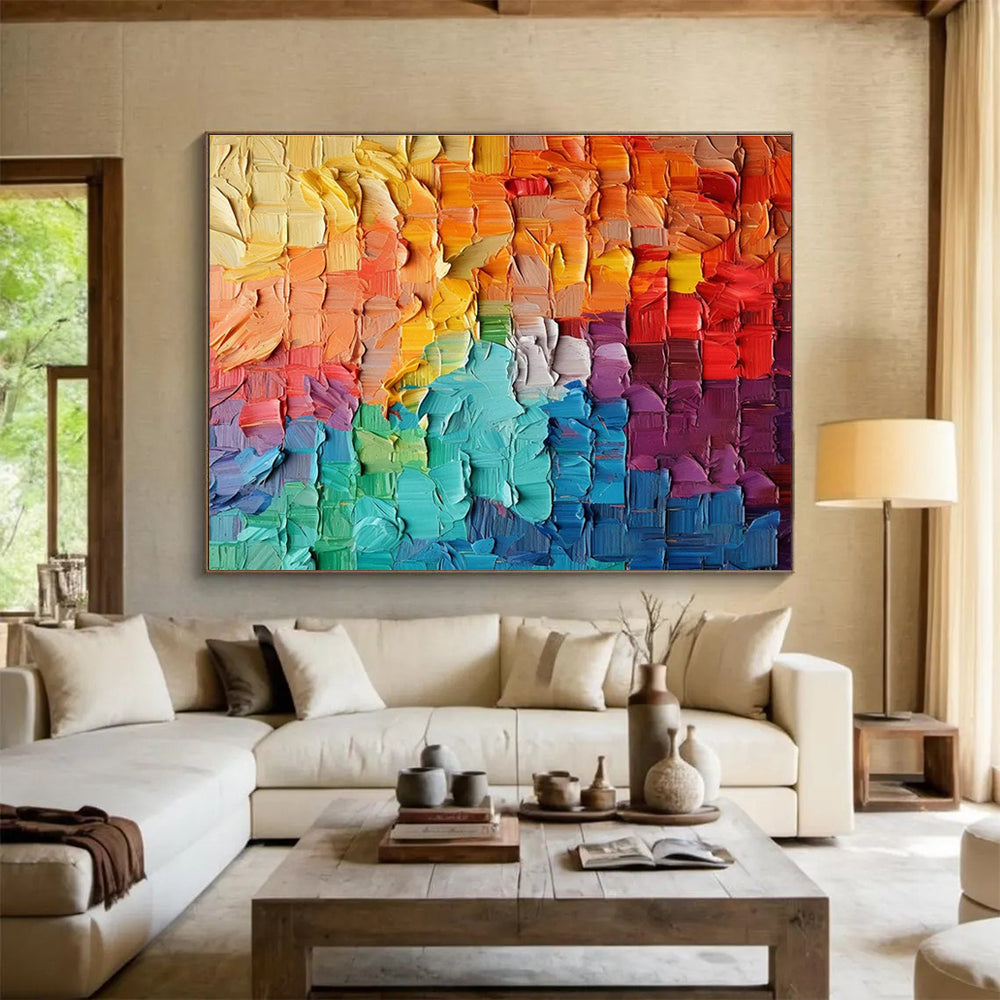 Rainbow Palette Knife Abstract Painting with Layered Color Squares THY299