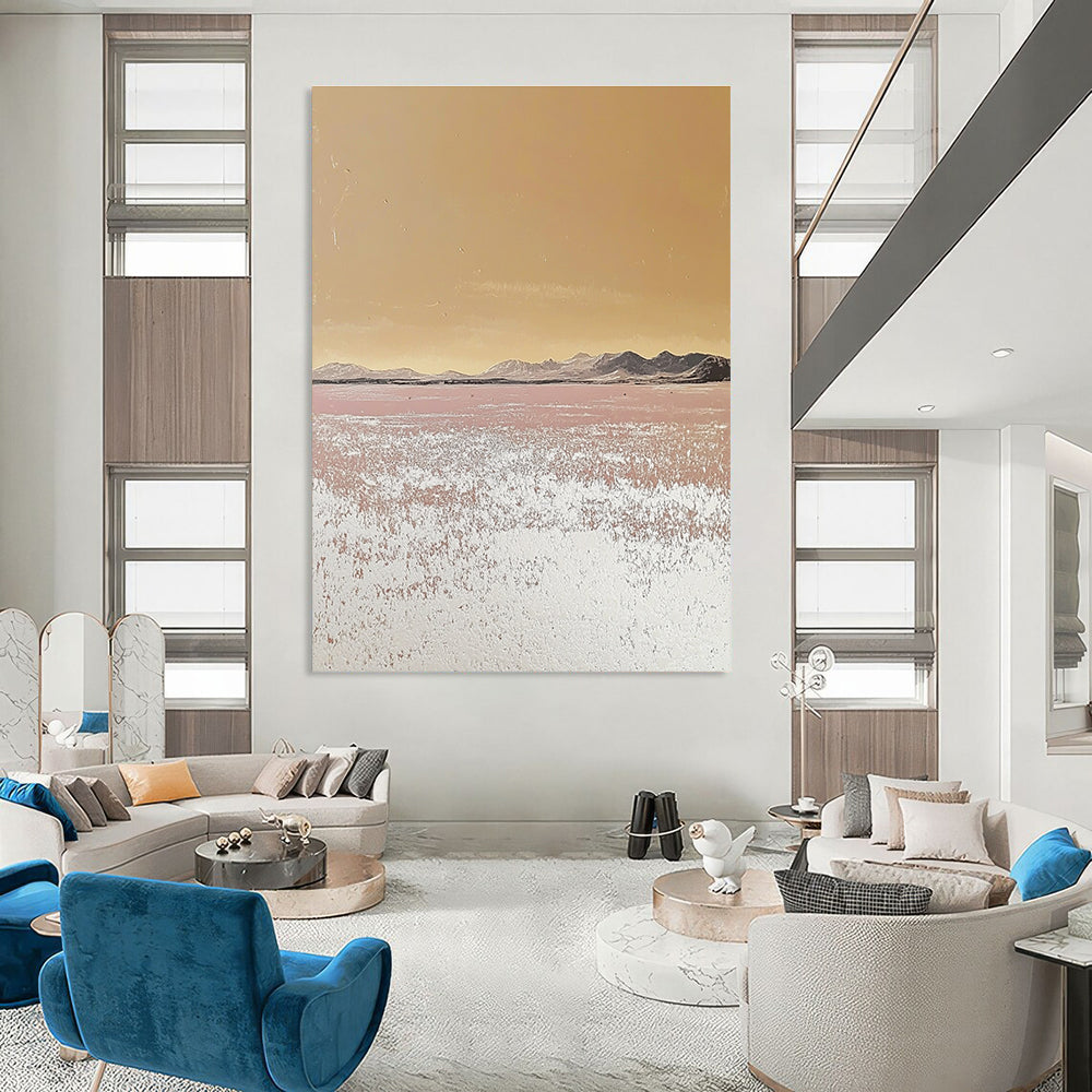 Large abstract painting depicting a serene desert landscape with pastel tones and a textured surface showcasing an endless sea of salt crystals.STSC979