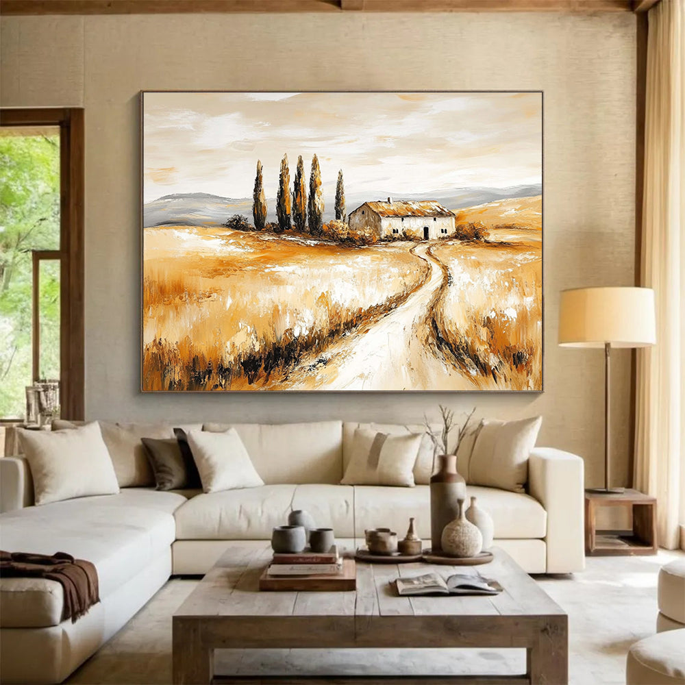 Hand-painted abstract artwork of a rustic farmhouse amidst golden fields and cypress trees evoking nostalgia and tranquility in nature's beauty.SC543