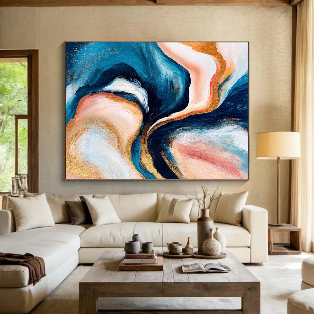 Blue Pink Gold Abstract Painting with Swirling Patterns GER782