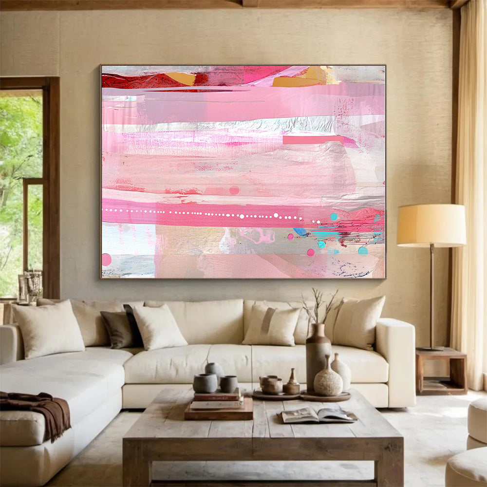Pink and Colorful Abstract Painting with Vertical Stripes and Dots GER078
