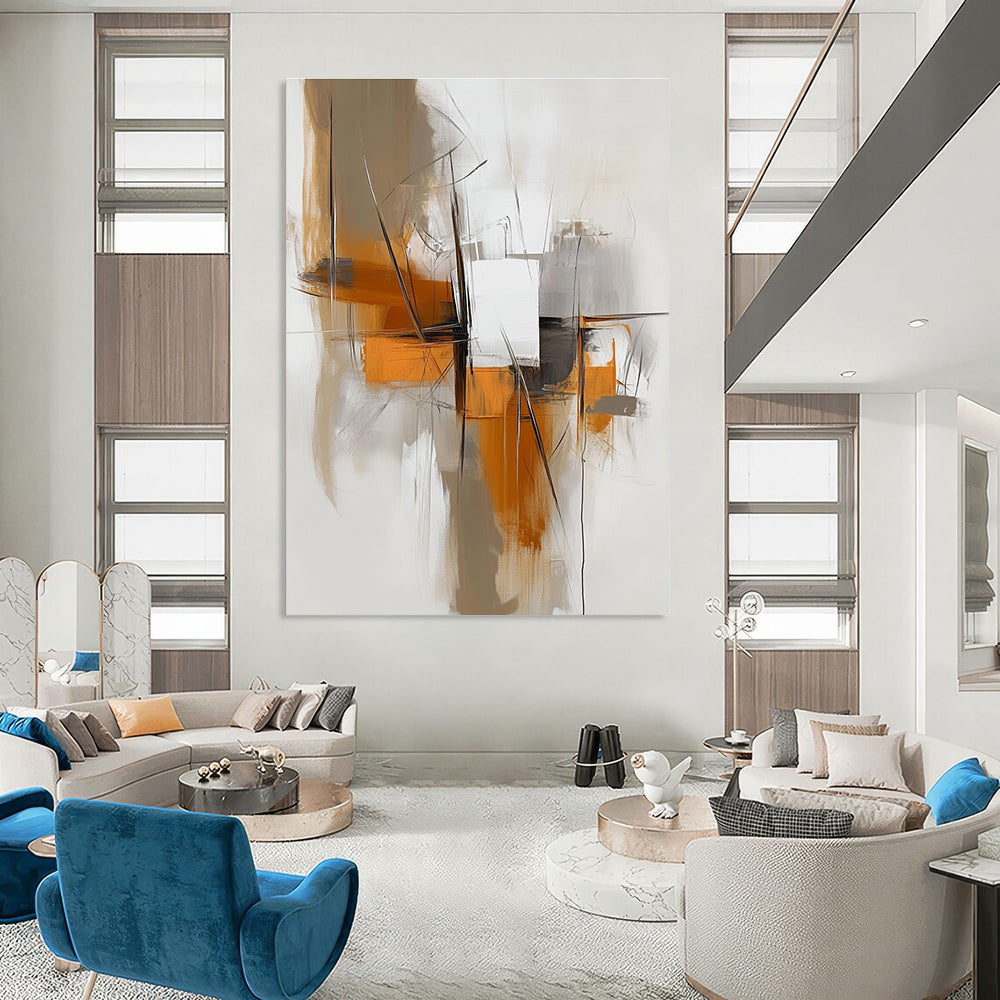 Large abstract painting featuring white and orange tones with minimalist lines in beige and grey creating a calming flow.STSC842