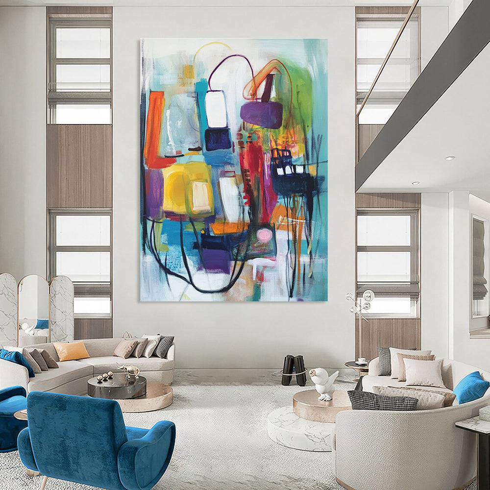 A large abstract painting featuring vibrant shapes and colors, depicting buildings and organic movement, created with expressive oil paint techniques.STSC823
