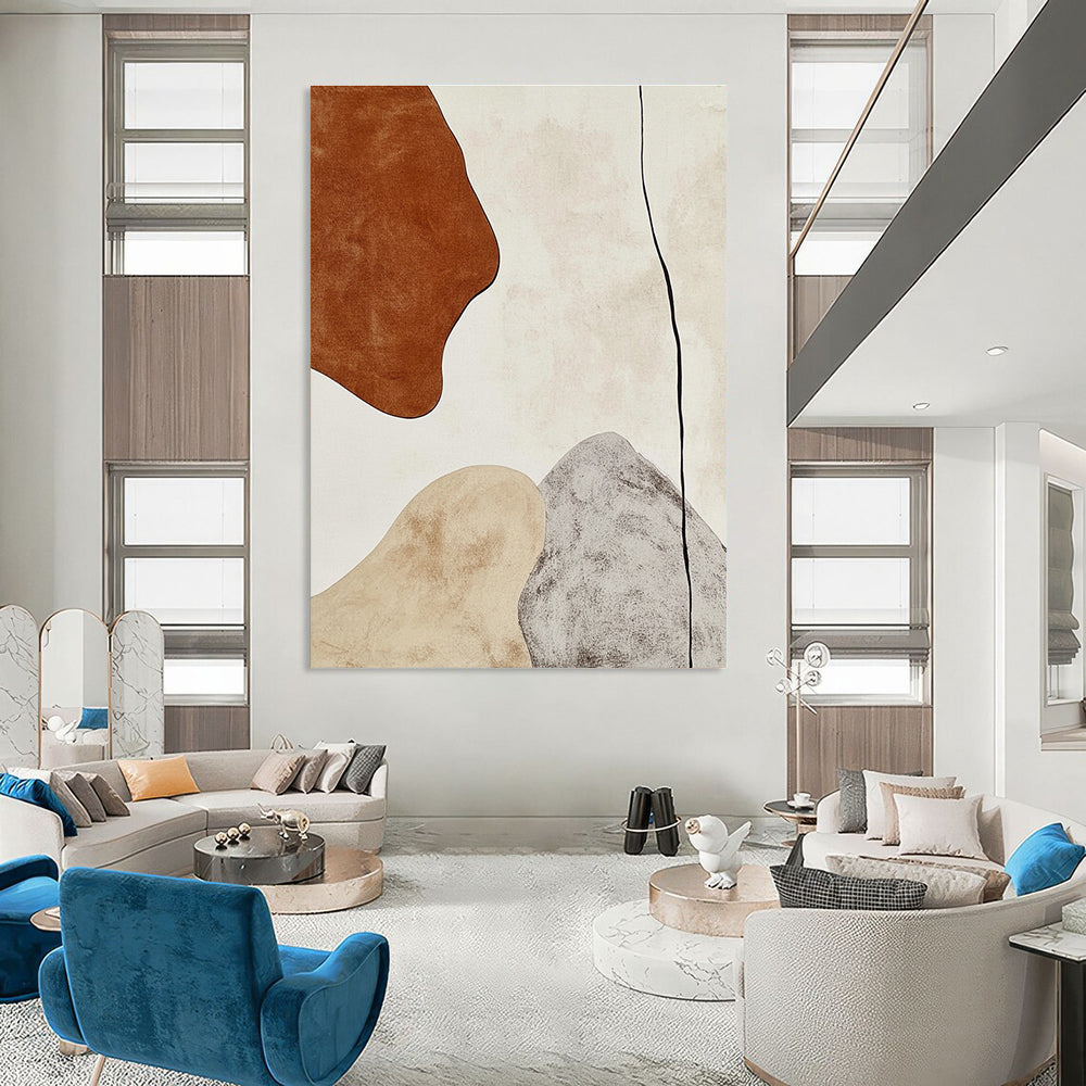Large Abstract Painting In Earthy Tones Featuring A Brown Shape And Gray Line On A White Background Ideal For Contemporary Interiors.STSC474
